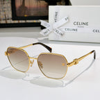 Celine round cat-eye sunglasses with gold frame and light brown gradient lenses, tortoise temple