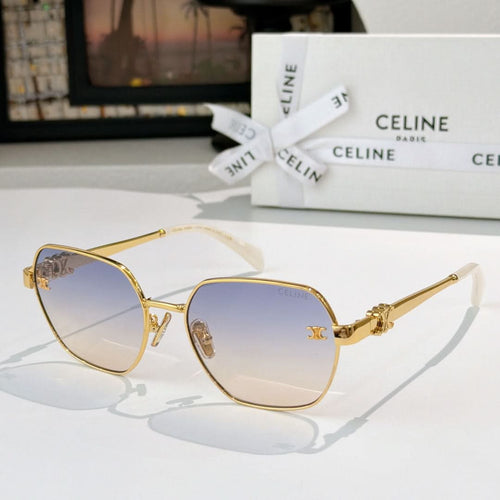 Celine round cat-eye sunglasses with gold frame and light blue tinted lenses