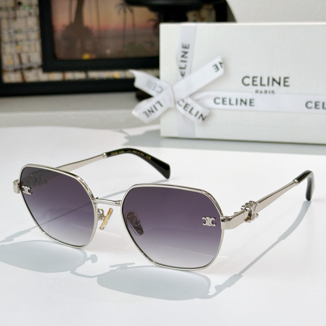 Celine round cat-eye sunglasses with silver frame and dark purple lenses