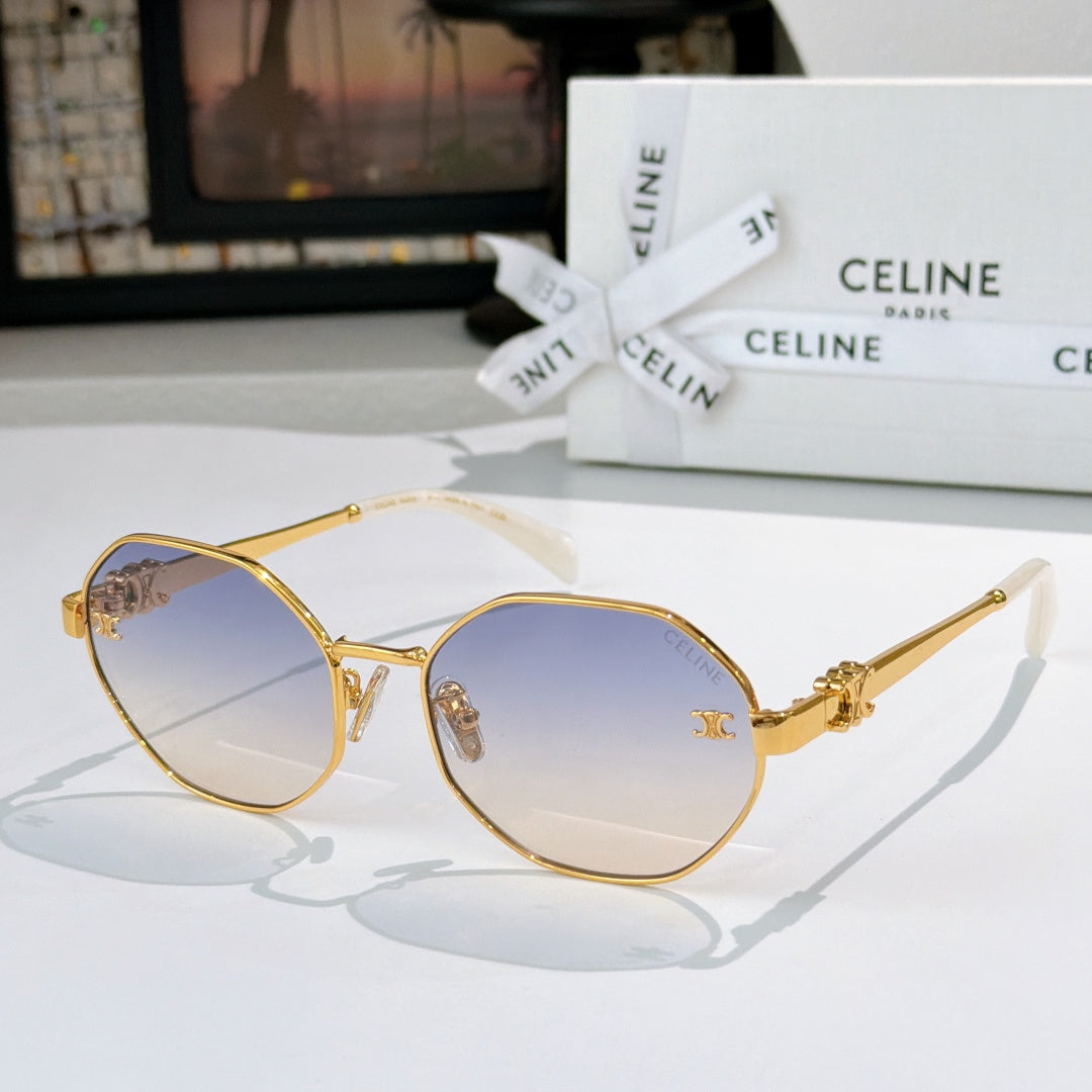 Celine sunglasses with gold frame and blue gradient lenses, round silhouette