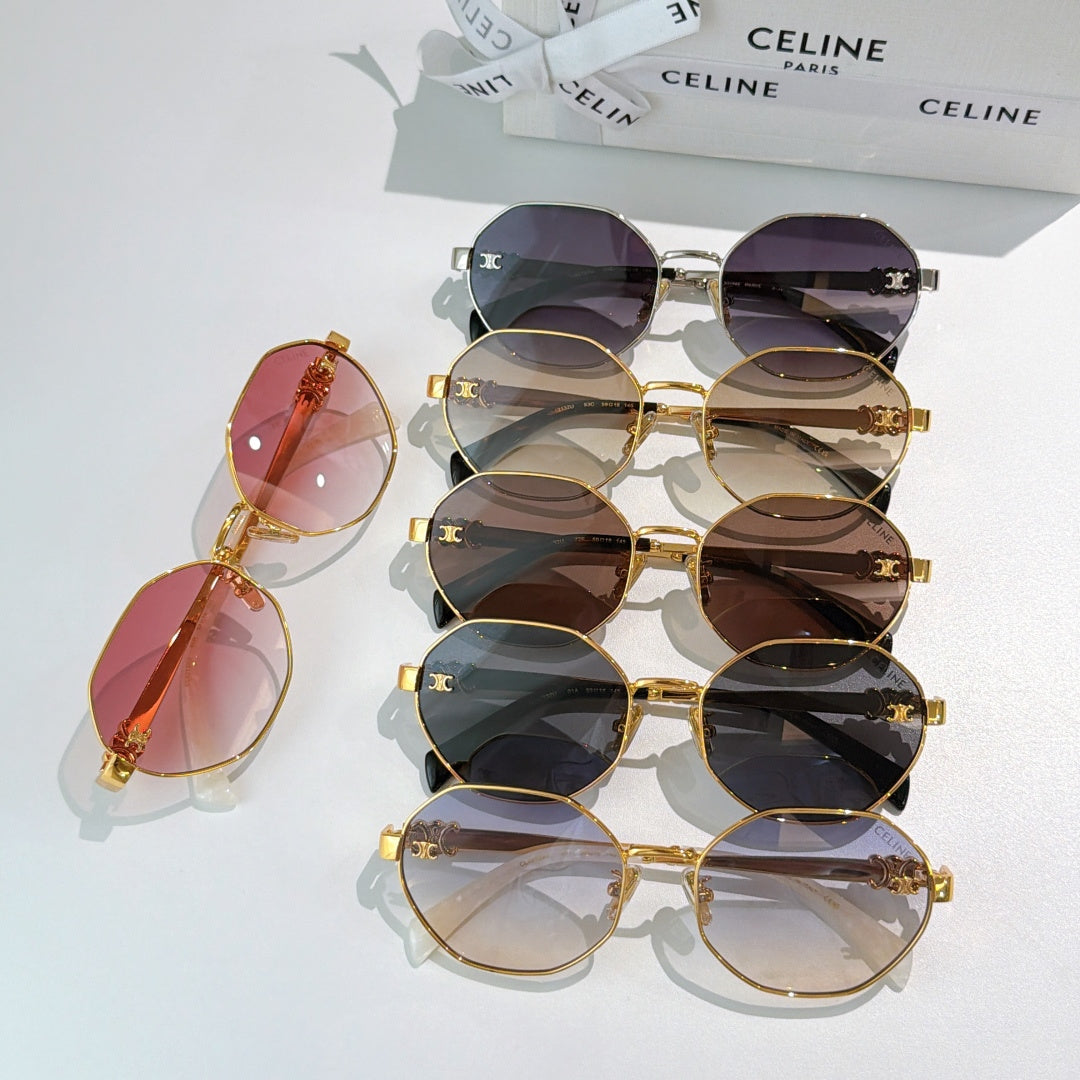 Celine sunglasses stack with gold frames and mixed dark lenses, round shape