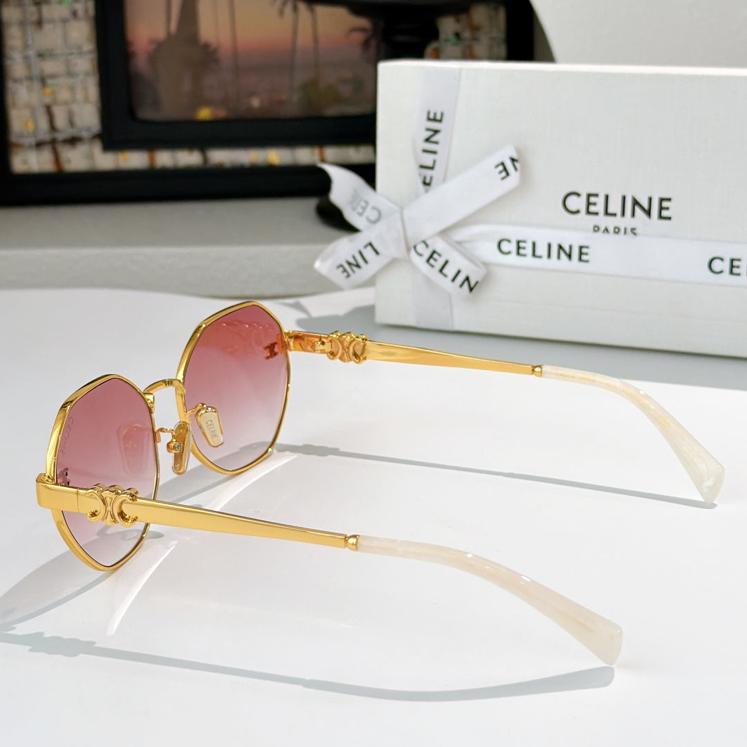 Celine sunglasses with gold frame and purple lenses, side view with clear arms