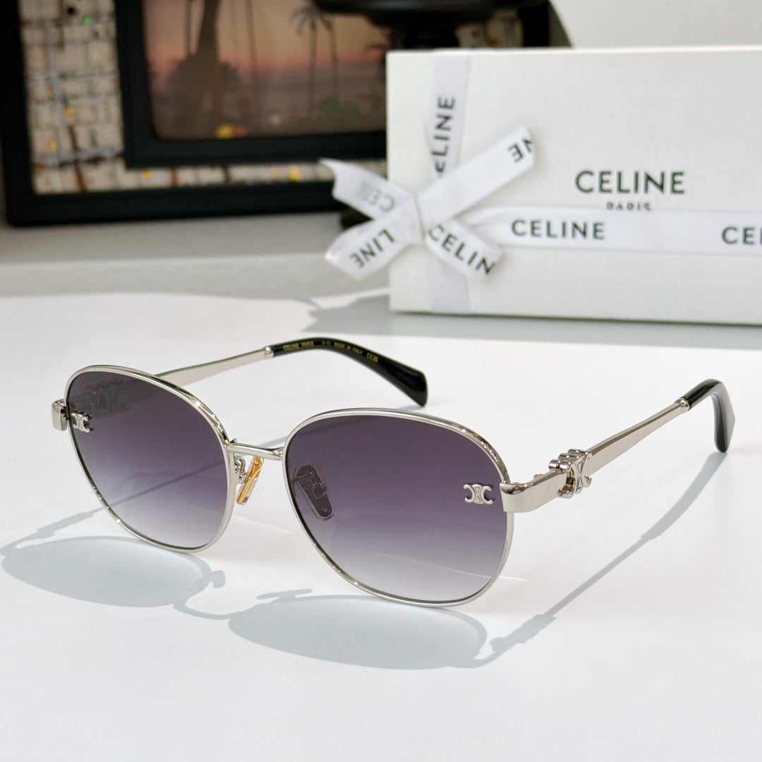 Silver- and gold-tone round sunglasses with purple gradient lenses