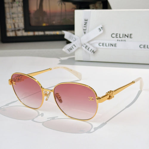 Gold-tone round sunglasses with rose-pink lenses and decorative side detail