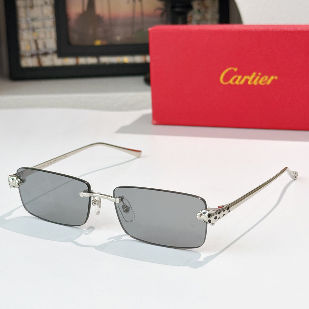 Cartier rectangular sunglasses with dark gray lenses, silver metal and patterned temples