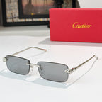 Cartier rectangular sunglasses with dark gray lenses, silver metal and patterned temples
