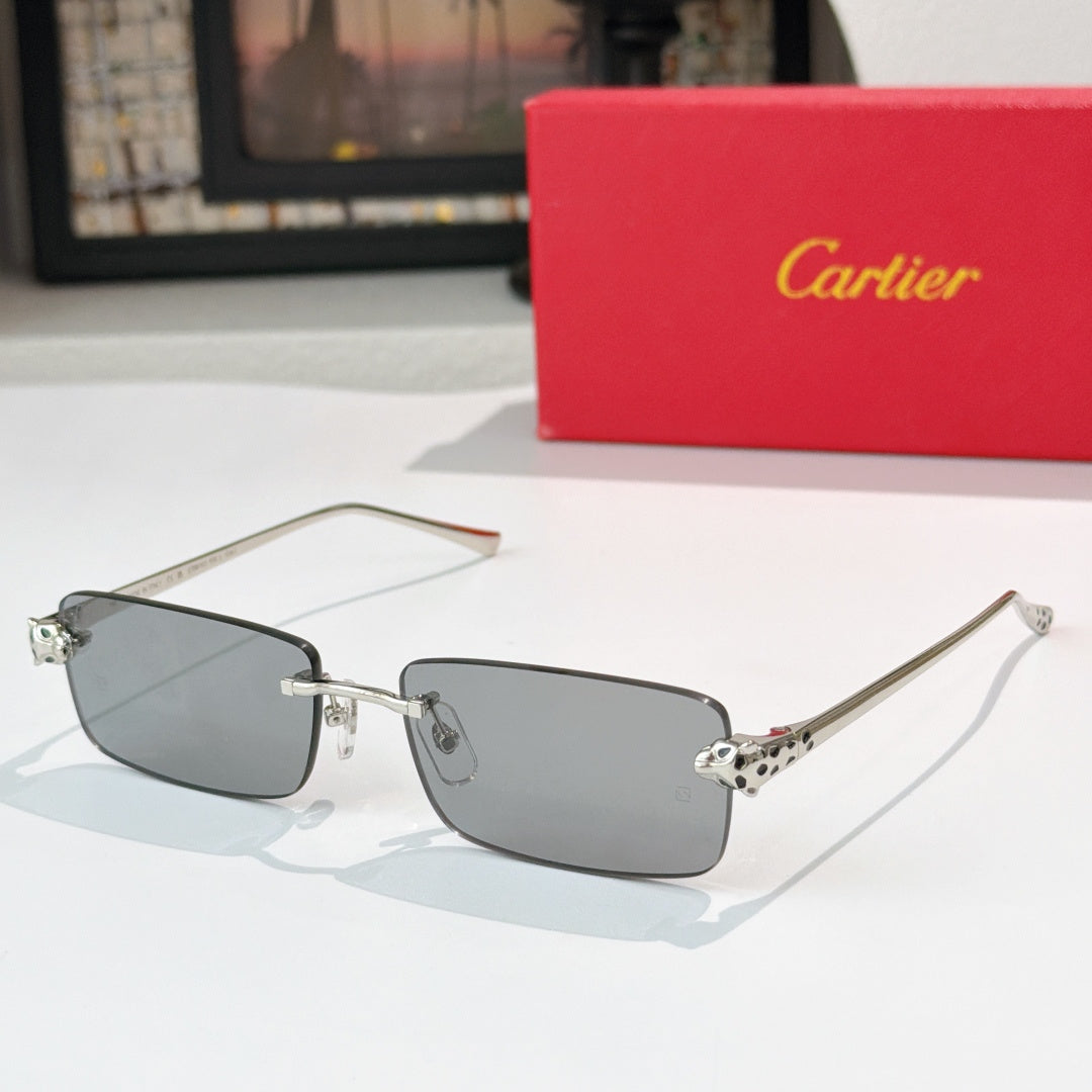 Cartier rectangular sunglasses with dark gray lenses, silver metal and patterned temples