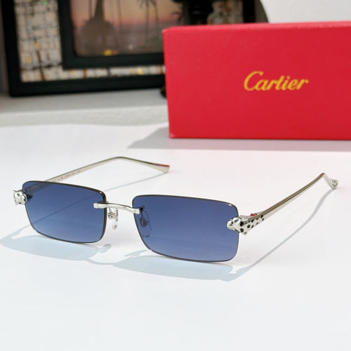 Cartier rectangular sunglasses with blue lenses and silver metal frames