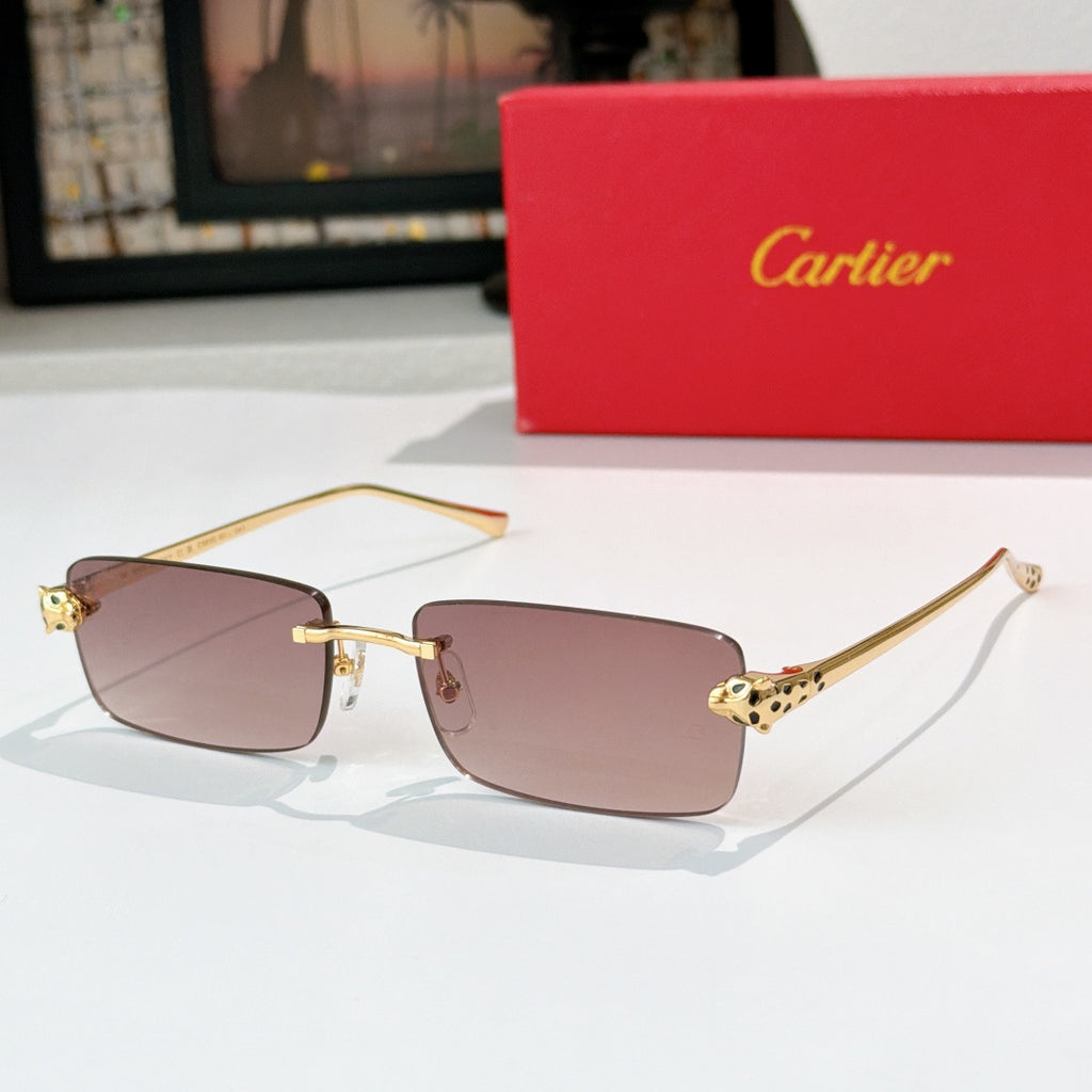 Cartier rectangular sunglasses with rose-brown lenses and gold metal frames