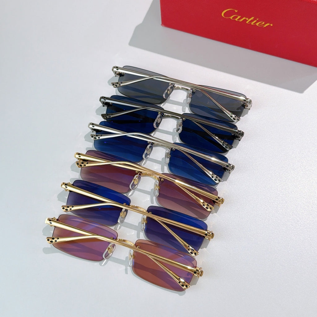 Cartier assorted rectangular sunglasses stack with blue, purple, and gray gradient lenses