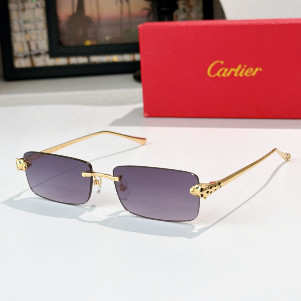 Cartier rectangular sunglasses with purple lenses and gold metal frames, patterned temples