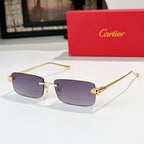 Cartier rectangular sunglasses with purple lenses and gold metal frames, patterned temples