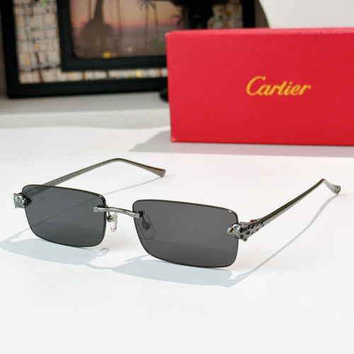 Cartier rectangular sunglasses with dark gray lenses and silver metal frames