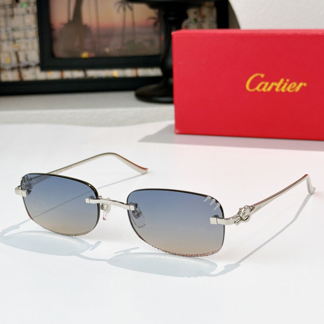 Cartier glasses with silver frames and blue tinted lenses, metal bridge and temples