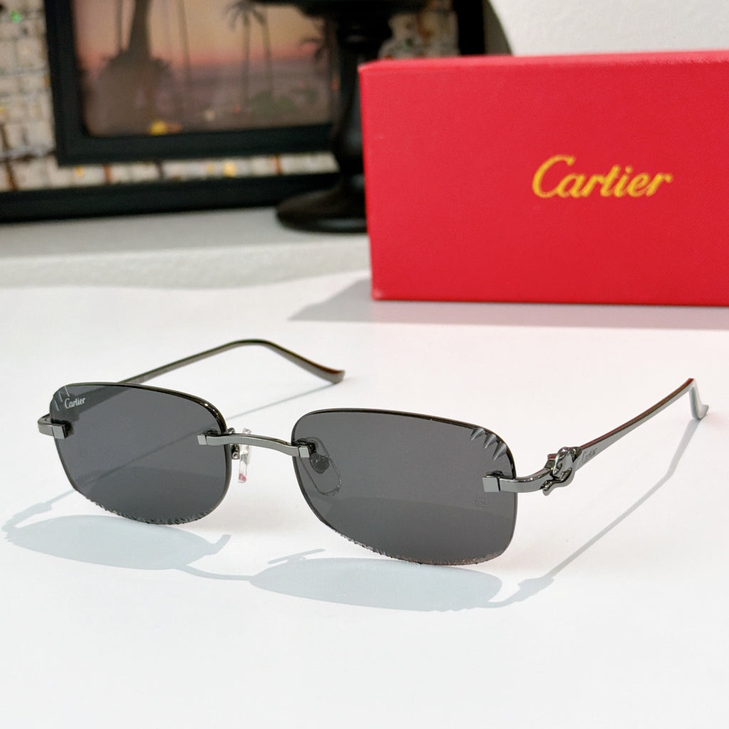 Cartier glasses with dark frames and dark gray tinted lenses, metal temples