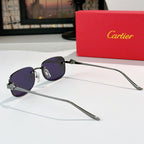 Cartier glasses with dark frames and purple tinted lenses, side profile temples