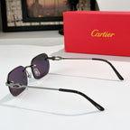 Cartier sunglasses, purple tinted lenses with black frame and gold-tone hardware.