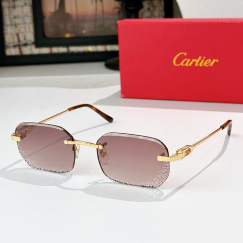 Cartier sunglasses, gold-tone frame with mauve mirrored lenses and cat-eye shape.