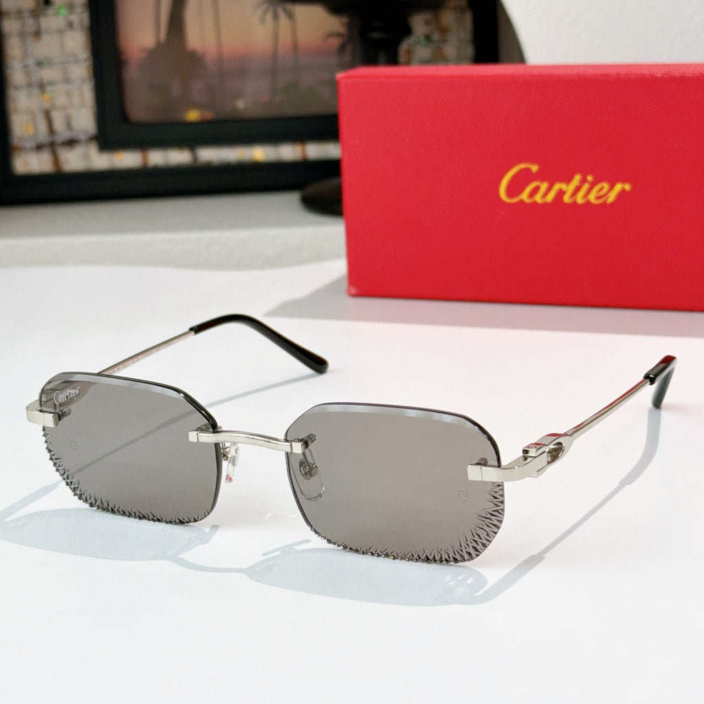 Cartier sunglasses, dark and silver-tone frame with gray tinted lenses.