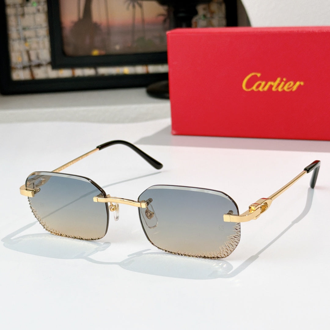 Cartier sunglasses, gold-tone frame with light blue mirrored lenses.