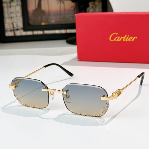 Cartier sunglasses, gold-tone frame with light blue mirrored lenses.