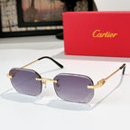 Cartier sunglasses, gold-tone frame with dark purple tinted lenses and cat-eye silhouette.