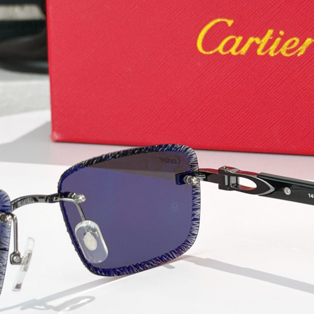 Fashion glasses with deep blue lenses and dark frame, silver hinge hardware