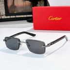Fashion glasses with dark frames and gray tinted lenses, rectangular shape, gold details