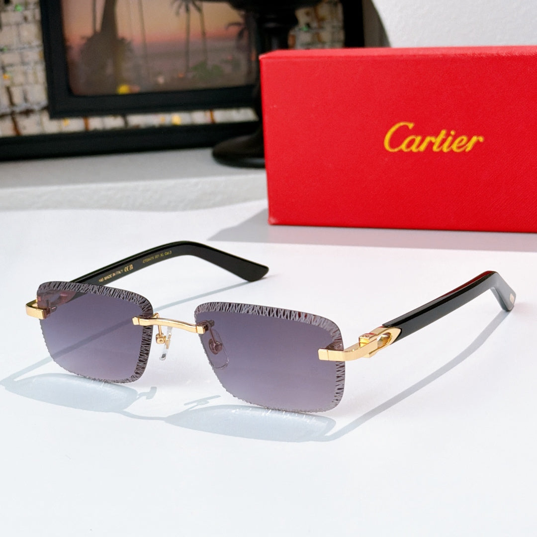 Fashion glasses with dark frame and purple-tinted lenses, gold-tone temples and bridge