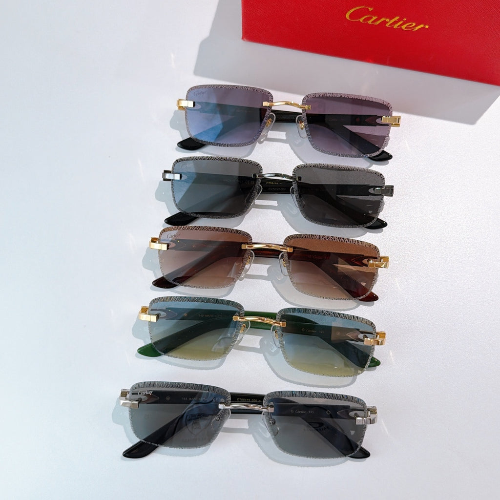 Set of fashion glasses with mixed frames and tinted lenses, laid out in rows