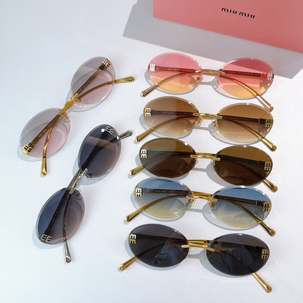 Set of sunglasses with gold metal round frames and mixed tinted lenses.