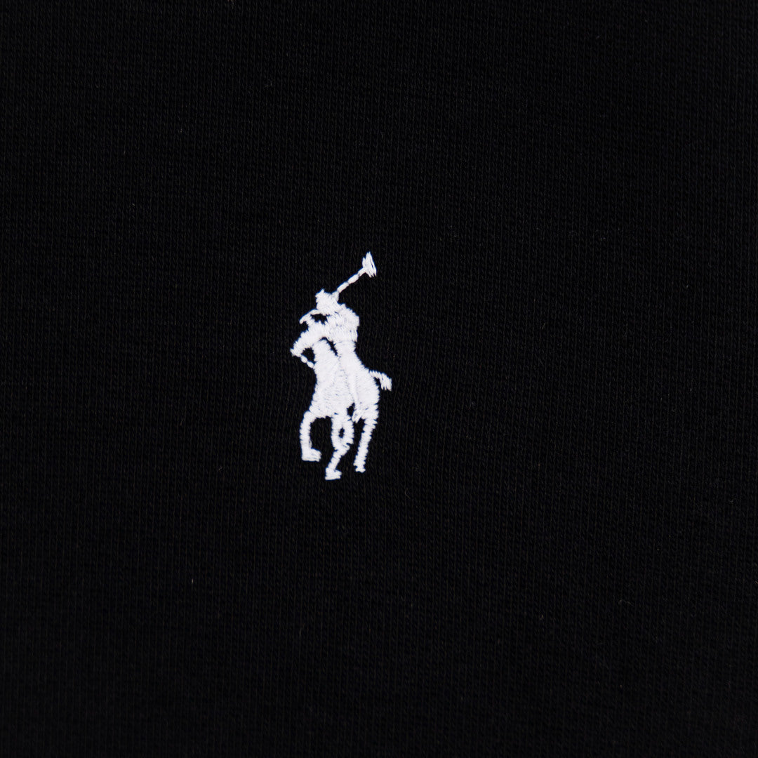 Black hoodie front chest with small white Polo rider logo