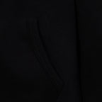 Black hoodie detail of diagonal seam and pocket line at midsection