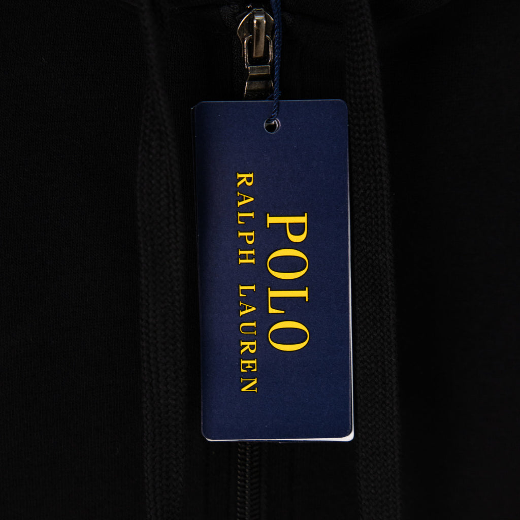 Black hooded sweatshirt with POLO Ralph Lauren hang tag at collar