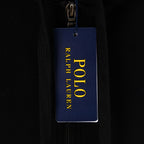 Black hooded sweatshirt with POLO Ralph Lauren hang tag at collar