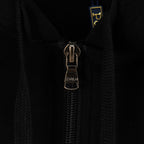 Black hoodie close-up of metal zipper pull and ribbed collar