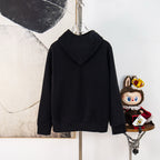 Black hooded sweatshirt on hanger, full front view