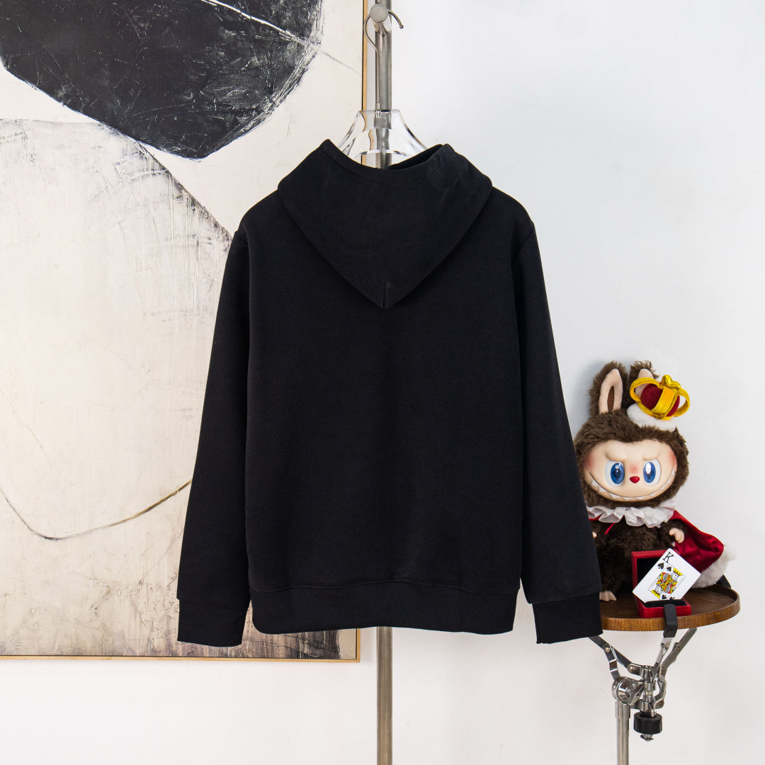 Black hooded sweatshirt on hanger, full front view