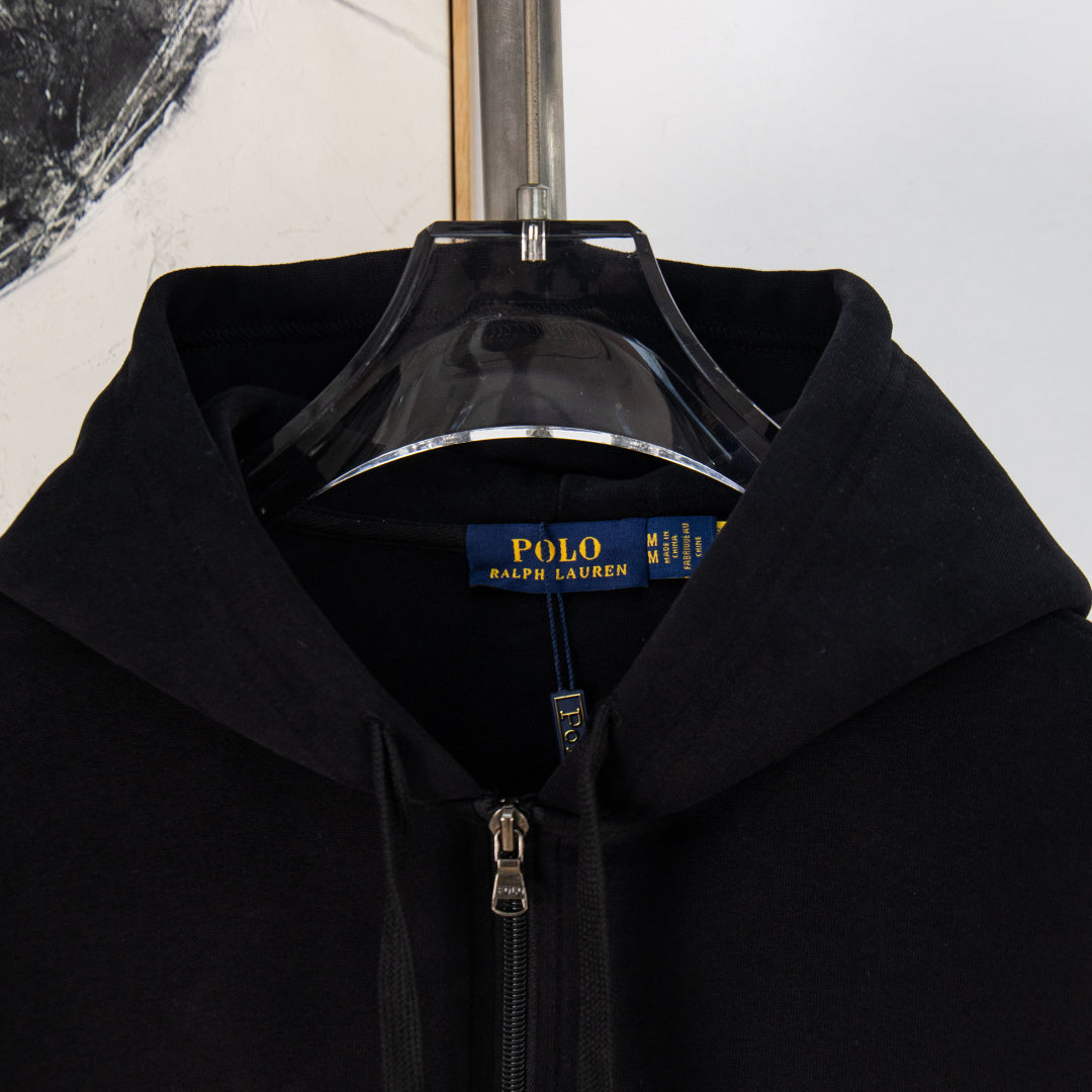 Black Polo Ralph Lauren hoodie with full front zipper and hood opening