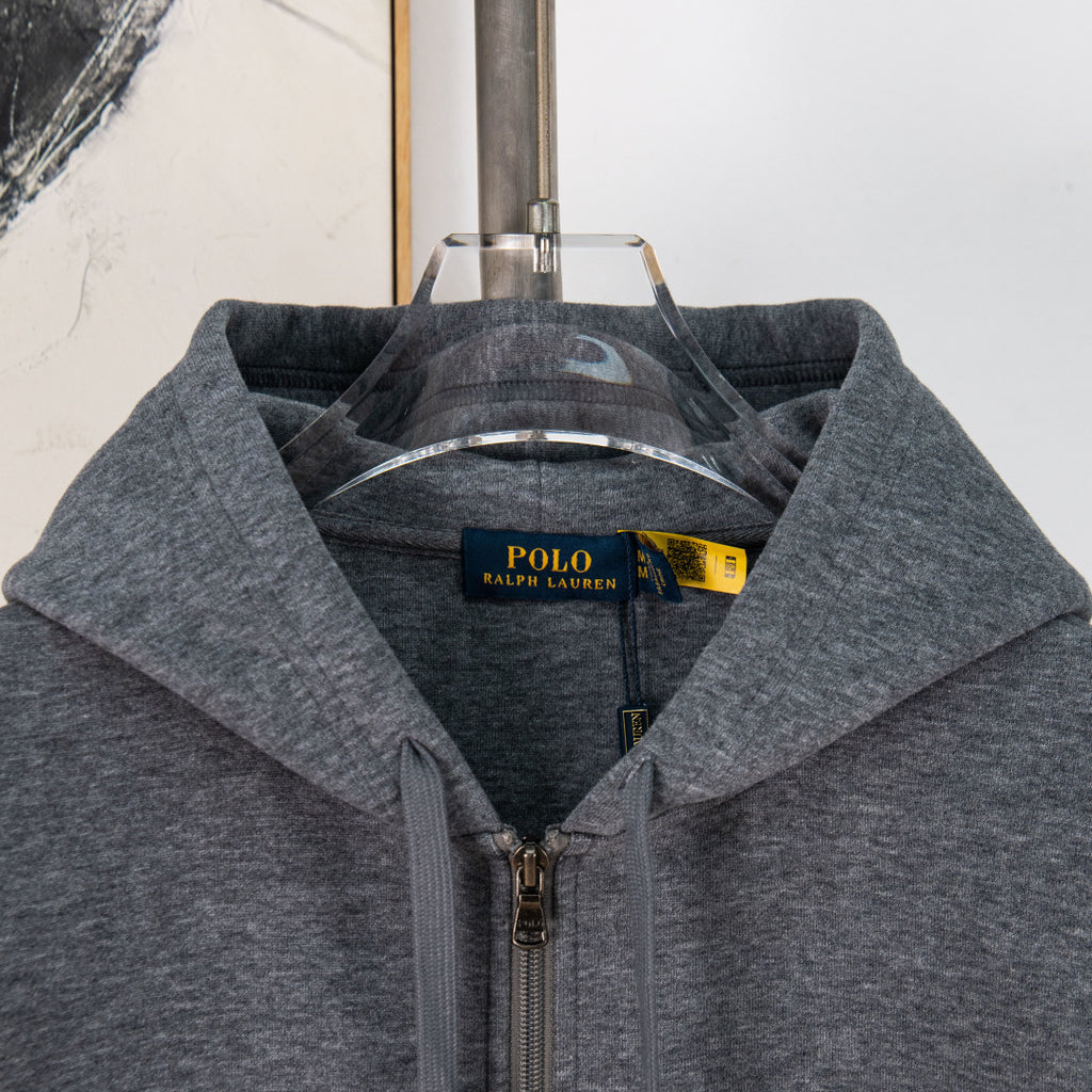 Dark heather gray zip-up hoodie with hood and Polo Ralph Lauren neck label