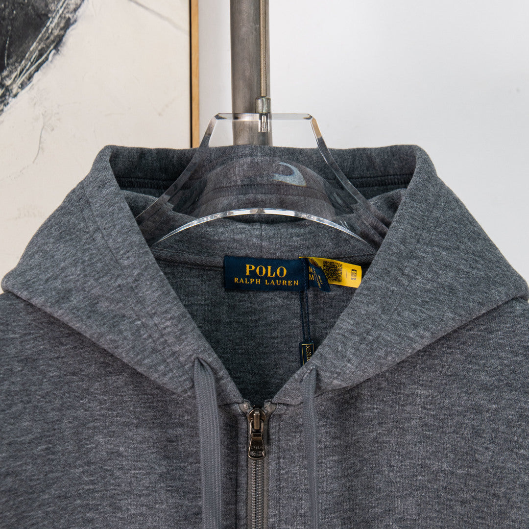 Dark heather gray zip-up hoodie with hood and Polo Ralph Lauren neck label