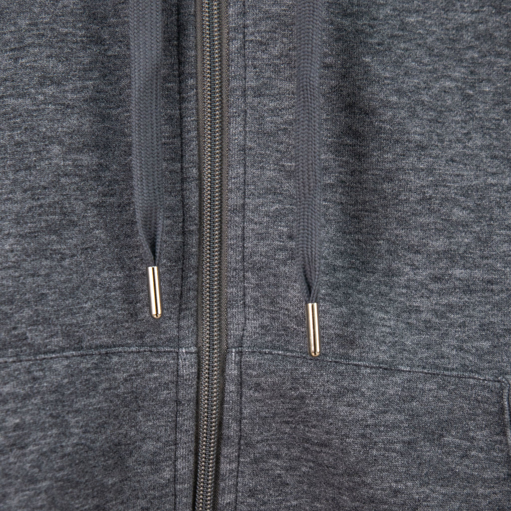 Heather gray zip-up hoodie with two metal zipper tabs and front zipper