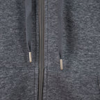 Heather gray zip-up hoodie with two metal zipper tabs and front zipper