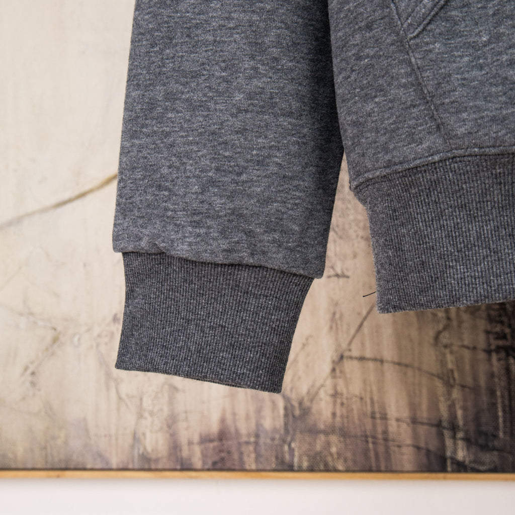 Heather gray hoodie sleeve cuff and hem with ribbed trim