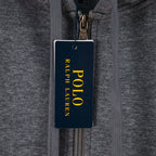 Ralph Lauren zip-up hoodie with hanging Polo logo tag on metal zipper pull