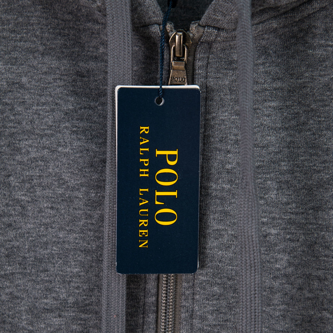 Ralph Lauren zip-up hoodie with hanging Polo logo tag on metal zipper pull