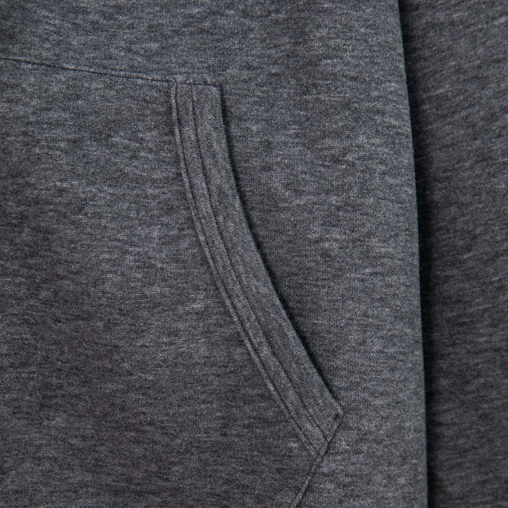 Heather gray hoodie front pocket seam with curved opening stitching