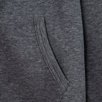 Heather gray hoodie front pocket seam with curved opening stitching