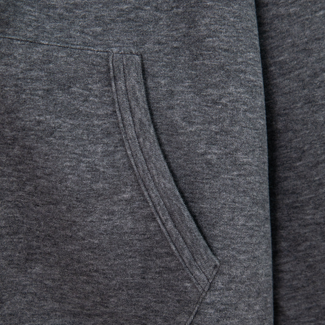Heather gray hoodie front pocket seam with curved opening stitching