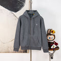 Men's zip-up hoodie in dark heather gray with drawstring hood and Polo logo